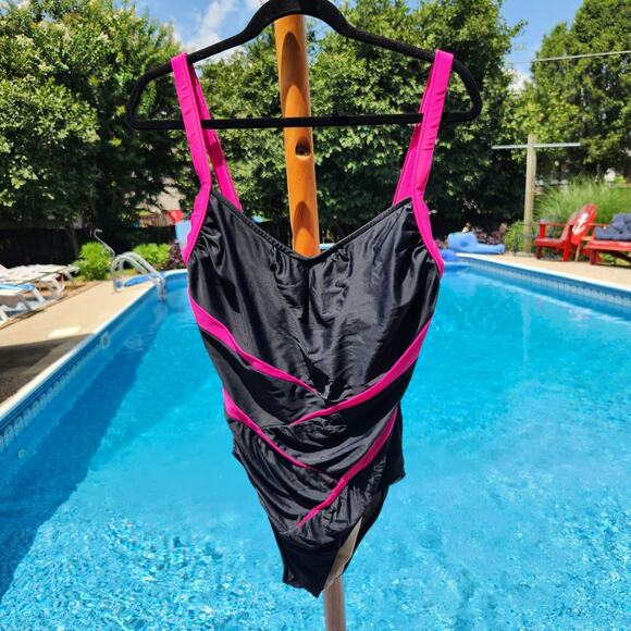 Vtg Carol Wior $110 Size 12 Black Hot Pink Splice Slimsuit One Piece Swimsuit - Picture 1 of 7